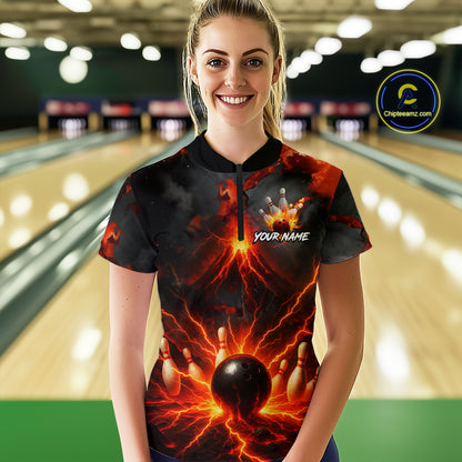 Red Lightning volcano Women Bowling Polo, Quarter Zip shirts Custom bowling outfits gifts for ladies NQS10956