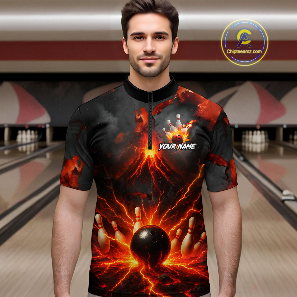 Red Lightning volcano Mens Bowling Polo, Quarter Zip shirts Custom bowling outfits gifts for men NQS10956