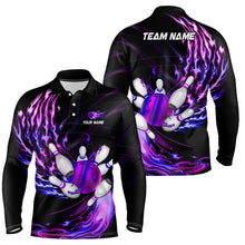 Load image into Gallery viewer, Mens polo bowling shirts Custom Purple flame Bowling ball and pins Team league bowler Jersey NQS7369