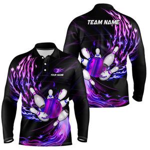 Mens polo bowling shirts Custom Purple flame Bowling ball and pins Team league bowler Jersey NQS7369