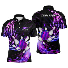 Load image into Gallery viewer, Mens polo bowling shirts Custom Purple flame Bowling ball and pins Team league bowler Jersey NQS7369