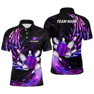 Mens polo bowling shirts Custom Purple flame Bowling ball and pins Team league bowler Jersey NQS7369