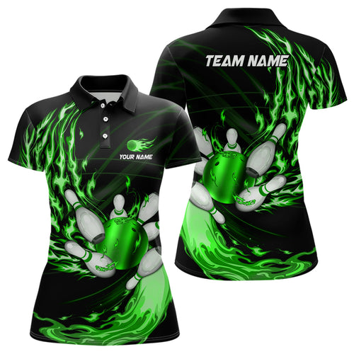 Womens bowling polo shirts Custom Green flame Bowling ball and pins Team league bowler Jersey NQS7370