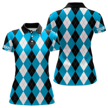 Load image into Gallery viewer, Womens golf polo shirts custom cyan blue argyle plaid pattern golf attire for women, golf gifts NQS7695