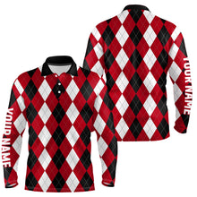 Load image into Gallery viewer, Mens golf polo shirts custom red argyle plaid pattern golf attire for men, golfing gifts NQS7696