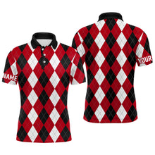 Load image into Gallery viewer, Mens golf polo shirts custom red argyle plaid pattern golf attire for men, golfing gifts NQS7696