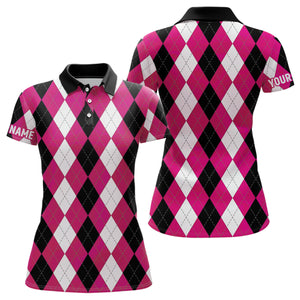 Womens golf polo shirts custom pink argyle plaid pattern golf attire for women, golf gifts NQS7697