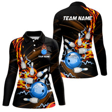 Load image into Gallery viewer, Womens bowling shirts Custom Orange flame Blue Bowling ball and pins Team league bowler Jerseys NQS8566