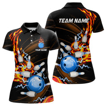 Load image into Gallery viewer, Womens bowling shirts Custom Orange flame Blue Bowling ball and pins Team league bowler Jerseys NQS8566