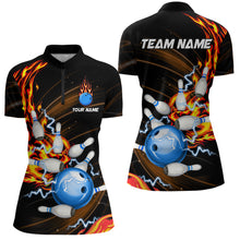 Load image into Gallery viewer, Womens bowling shirts Custom Orange flame Blue Bowling ball and pins Team league bowler Jerseys NQS8566