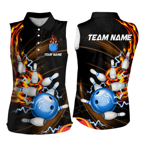 Bowling Sleeveless Polo shirt Custom Orange flame Blue Bowling ball and pins Team league bowler Jersey NQS8566