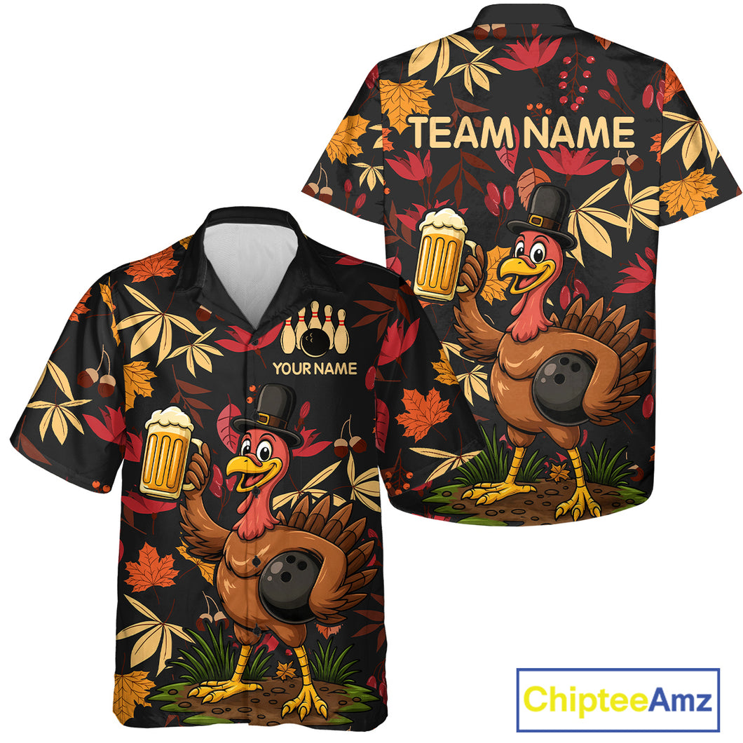 Funny Turkey Bowling Beer Thanksgiving pattern Custom Team Hawaiian bowling jersey, bowling gifts NQS10963
