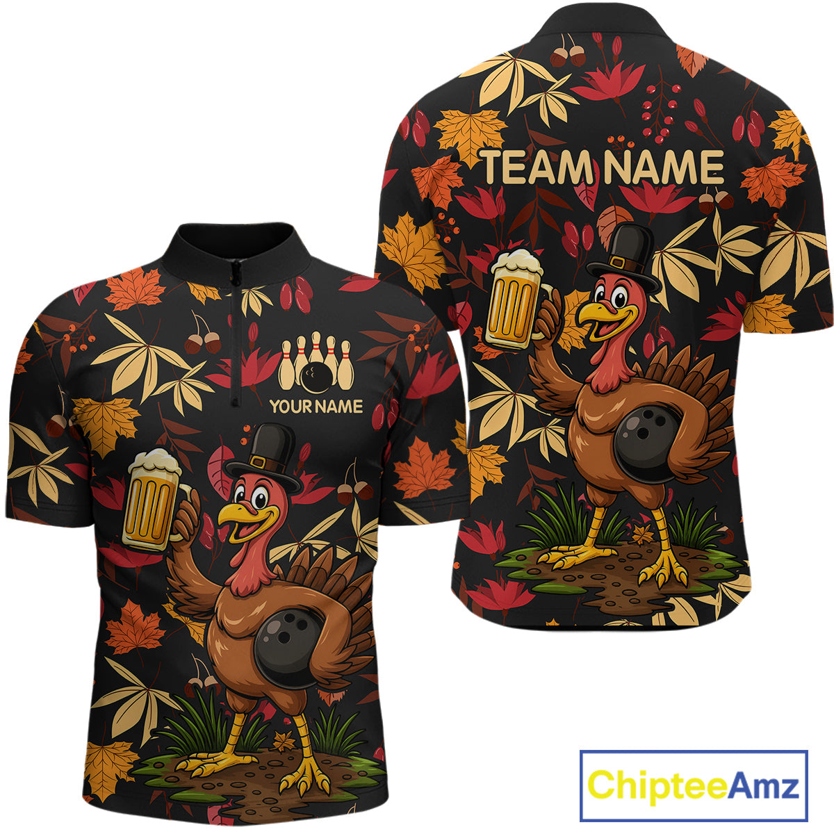 Funny Turkey Bowling Beer Thanksgiving pattern Custom Team bowling jerseys men, bowling gifts for men NQS10963