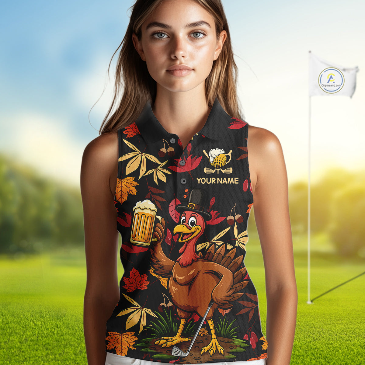 Funny Turkey Golf Beer Thanksgiving golf shirt Custom Funny womens sleeveless polo shirts NQS10964