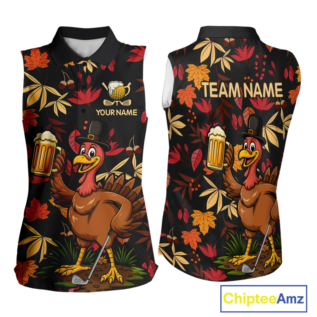 Funny Turkey Golf Beer Thanksgiving golf shirt Custom Funny womens sleeveless polo shirts NQS10964