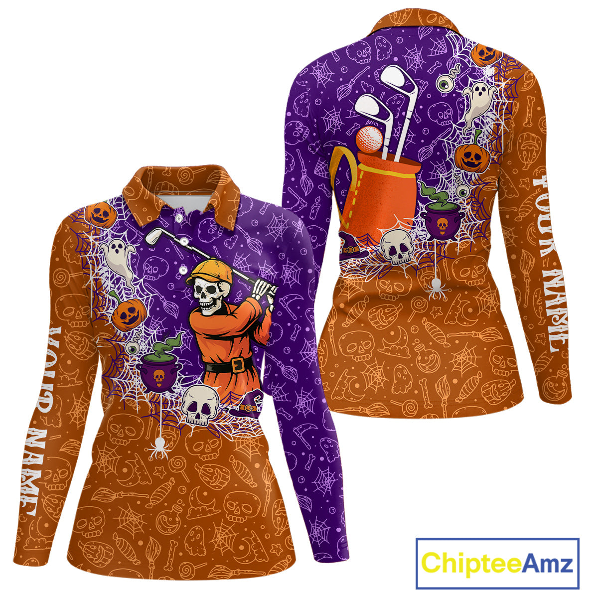 Halloween Skull Playing Golf Women Golf Polo Shirt Custom Halloween golf outfit For Ladies Golf Gifts NQS10340