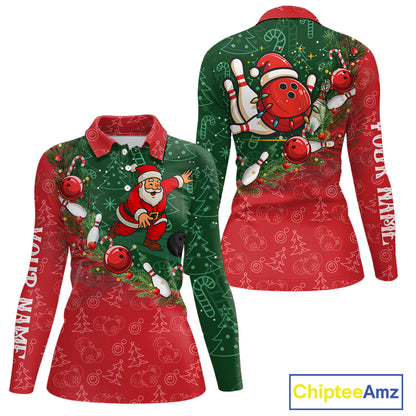Christmas Santa Women Bowling Polo, Quarter Zip Shirt Custom Christmas Team Bowling outfit For Ladies NQS10342