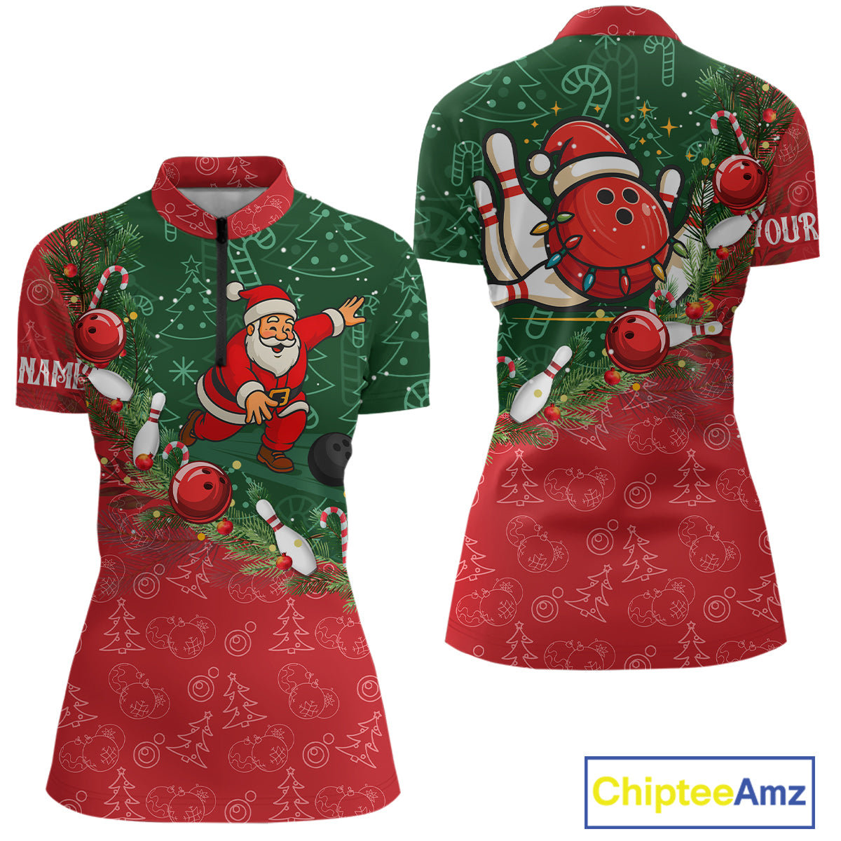 Christmas Santa Women Bowling Polo, Quarter Zip Shirt Custom Christmas Team Bowling outfit For Ladies NQS10342