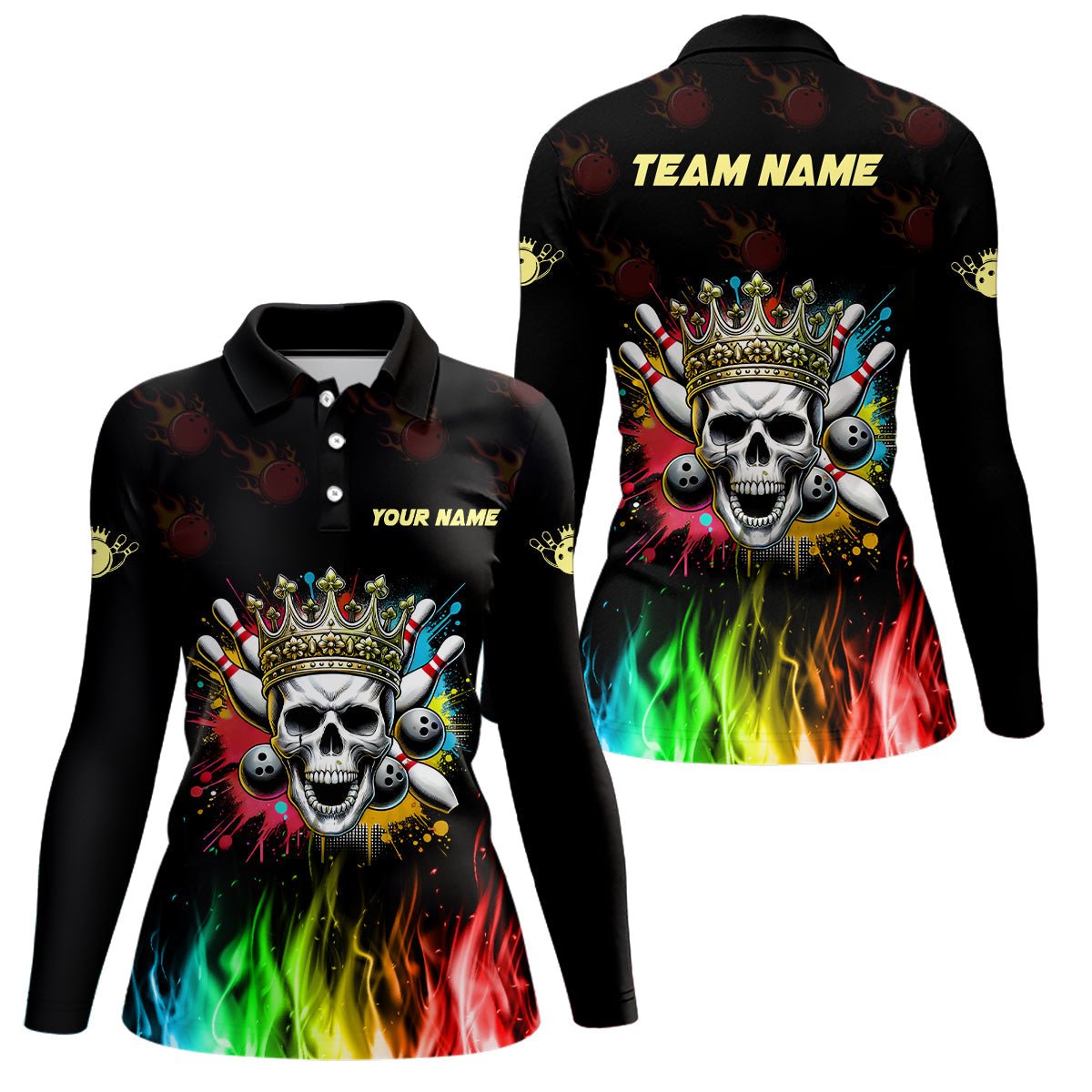 Colorful Flame Skull Bowling Polo, Quarter Zip Shirt For Women Custom Bowling Team League Jerseys NQS8402