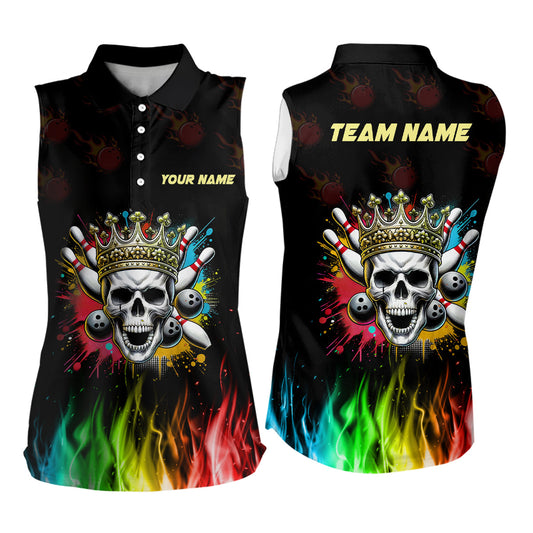 Colorful Flame Skull Bowling Sleeveless Polo Shirt For Women Custom Bowling Team League Jerseys NQS8402