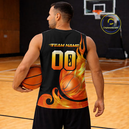 Black and Orange Flame Basketball Team Jerseys, Personalized Name and Number Basketball Uniform NQS11355
