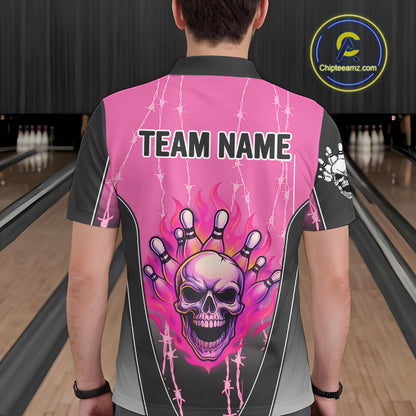 Black and pink flame skull Bowling Polo, 1/4 Zip Shirt for men Custom Team Bowling League Jersey NQS10203
