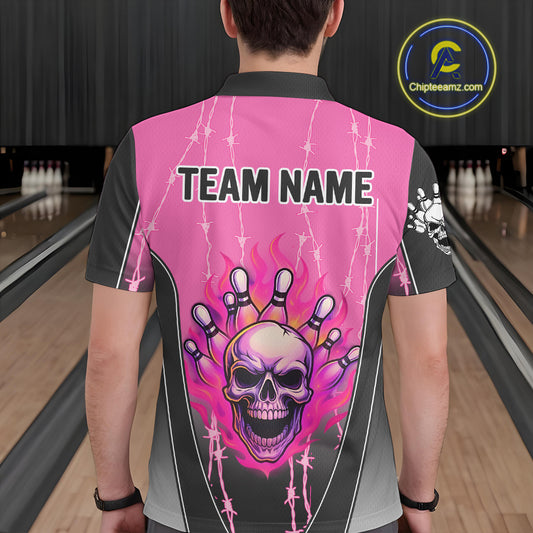 Black and pink flame skull Bowling Polo, 1/4 Zip Shirt for men Custom Team Bowling League Jersey NQS10203