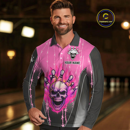 Black and pink flame skull Bowling Polo, 1/4 Zip Shirt for men Custom Team Bowling League Jersey NQS10203