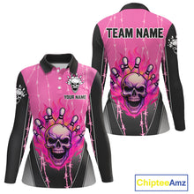 Load image into Gallery viewer, Black and pink flame skull Bowling Polo, 1/4 Zip Shirt for Women Custom Team Bowling League Jersey NQS10203