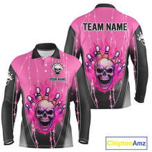 Load image into Gallery viewer, Black and pink flame skull Bowling Polo, 1/4 Zip Shirt for men Custom Team Bowling League Jersey NQS10203