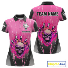 Load image into Gallery viewer, Black and pink flame skull Bowling Polo, 1/4 Zip Shirt for Women Custom Team Bowling League Jersey NQS10203