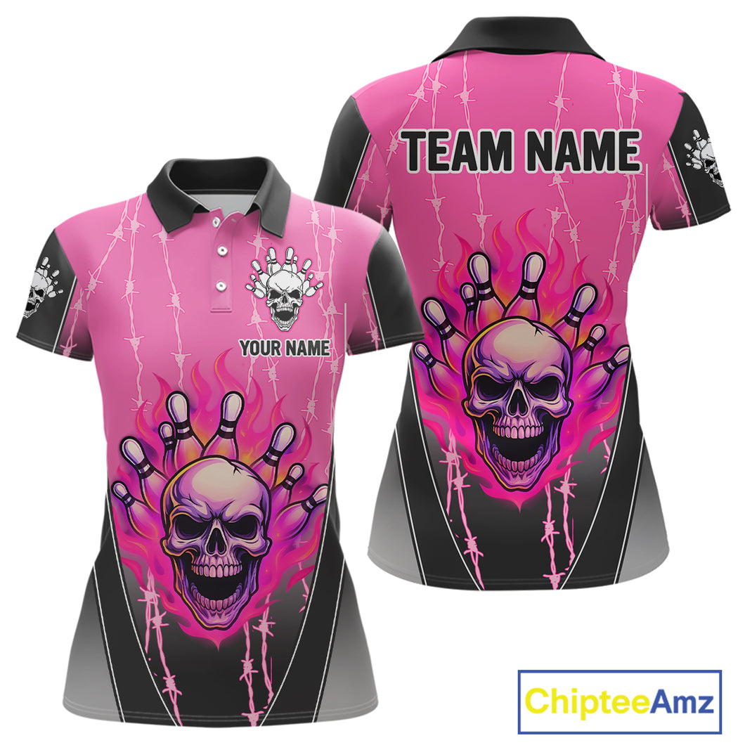 Black and pink flame skull Bowling Polo, 1/4 Zip Shirt for Women Custom Team Bowling League Jersey NQS10203