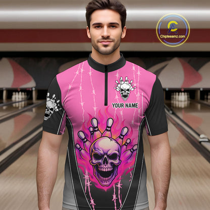 Black and pink flame skull Bowling Polo, 1/4 Zip Shirt for men Custom Team Bowling League Jersey NQS10203