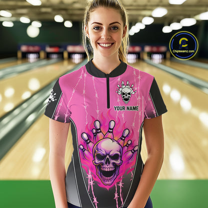 Black and pink flame skull Bowling Polo, 1/4 Zip Shirt for Women Custom Team Bowling League Jersey NQS10203