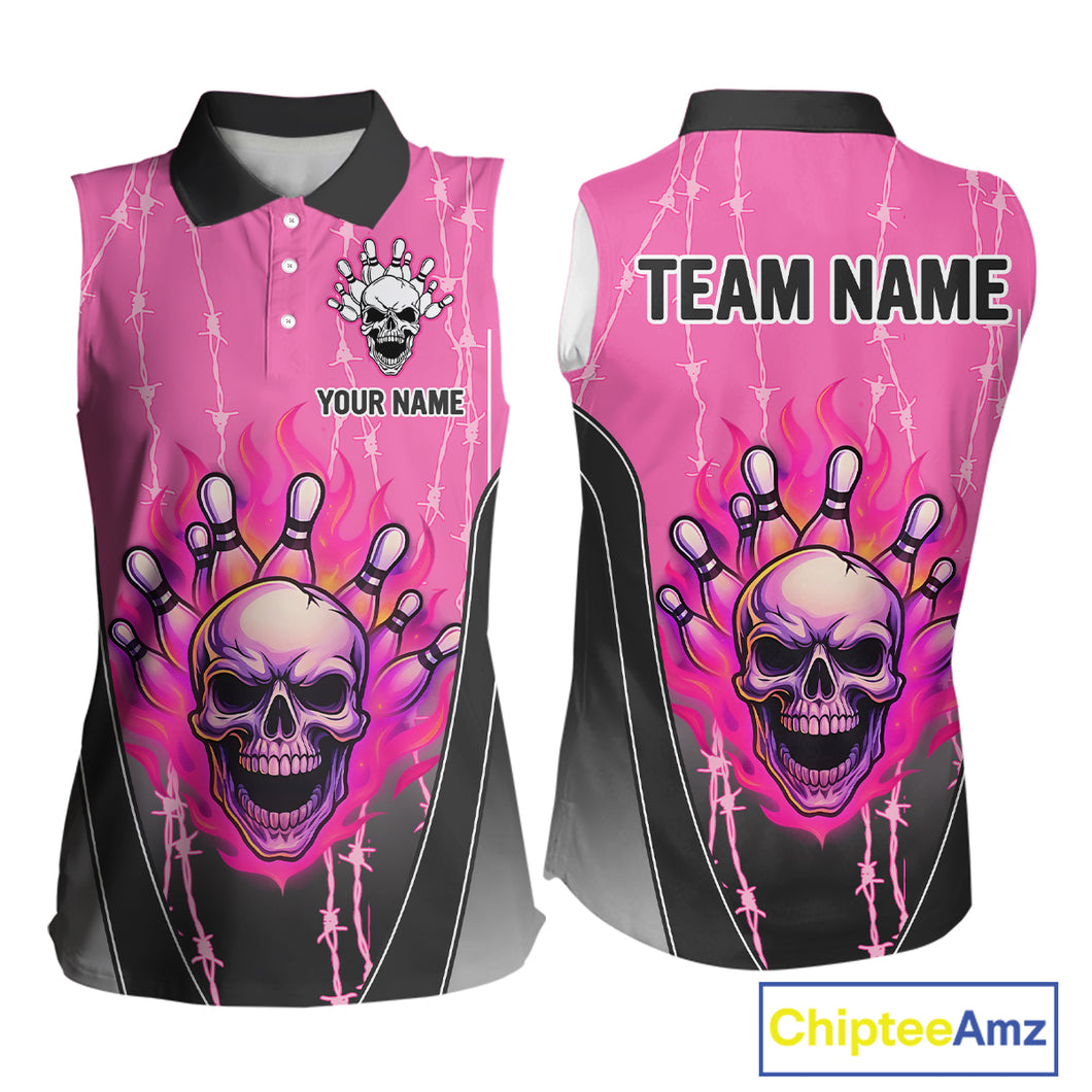Black and pink flame skull Bowling sleeveless polo Shirt for Women Custom Team Bowling League Jersey NQS10203