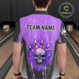 Black and purple flame skull Bowling Polo, 1/4 Zip Shirt for men Custom Team Bowling League Jersey NQS10204
