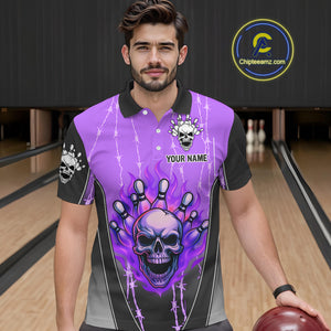 Black and purple flame skull Bowling Polo, 1/4 Zip Shirt for men Custom Team Bowling League Jersey NQS10204