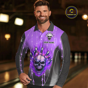 Black and purple flame skull Bowling Polo, 1/4 Zip Shirt for men Custom Team Bowling League Jersey NQS10204