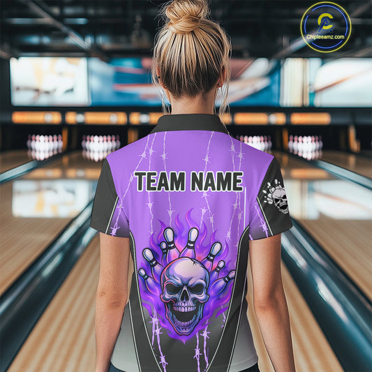 Black and purple flame skull Bowling Polo, 1/4 Zip Shirt for Women Custom Team Bowling League Jersey NQS10204