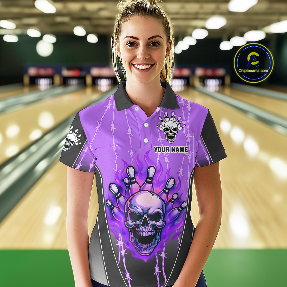 Black and purple flame skull Bowling Polo, 1/4 Zip Shirt for Women Custom Team Bowling League Jersey NQS10204