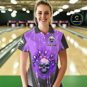 Black and purple flame skull Bowling Polo, 1/4 Zip Shirt for Women Custom Team Bowling League Jersey NQS10204