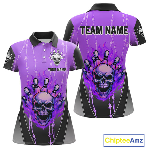 Black and purple flame skull Bowling Polo, 1/4 Zip Shirt for Women Custom Team Bowling League Jersey NQS10204