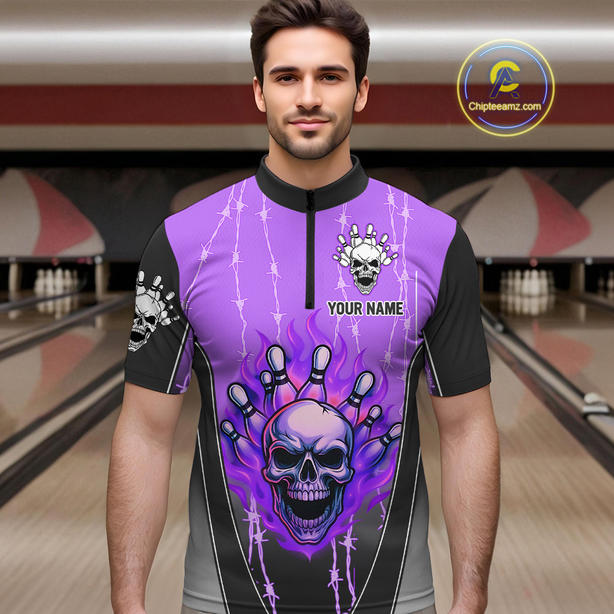 Black and purple flame skull Bowling Polo, 1/4 Zip Shirt for men Custom Team Bowling League Jersey NQS10204