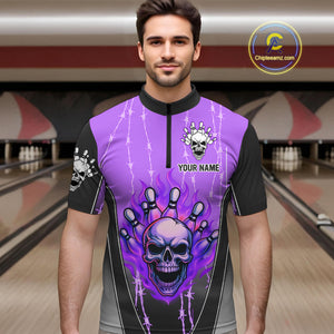 Black and purple flame skull Bowling Polo, 1/4 Zip Shirt for men Custom Team Bowling League Jersey NQS10204