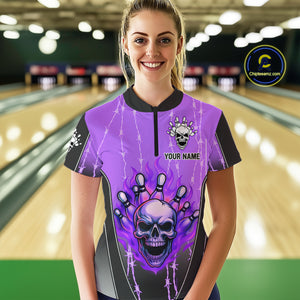 Black and purple flame skull Bowling Polo, 1/4 Zip Shirt for Women Custom Team Bowling League Jersey NQS10204
