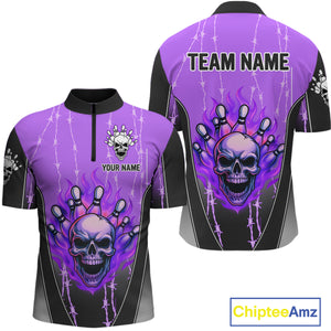 Black and purple flame skull Bowling Polo, 1/4 Zip Shirt for men Custom Team Bowling League Jersey NQS10204