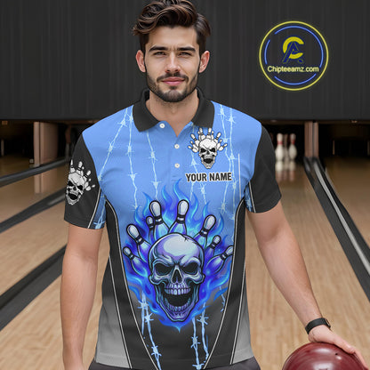 Black and blue flame skull Bowling Polo, 1/4 Zip Shirt for men Custom Team Bowling League Jersey NQS10205