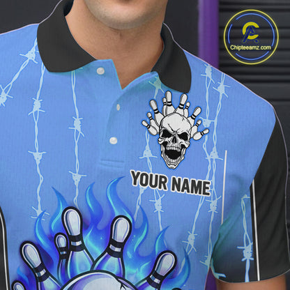 Black and blue flame skull Bowling Polo, 1/4 Zip Shirt for men Custom Team Bowling League Jersey NQS10205