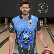 Load image into Gallery viewer, Black and blue flame skull Bowling Polo, 1/4 Zip Shirt for men Custom Team Bowling League Jersey NQS10205