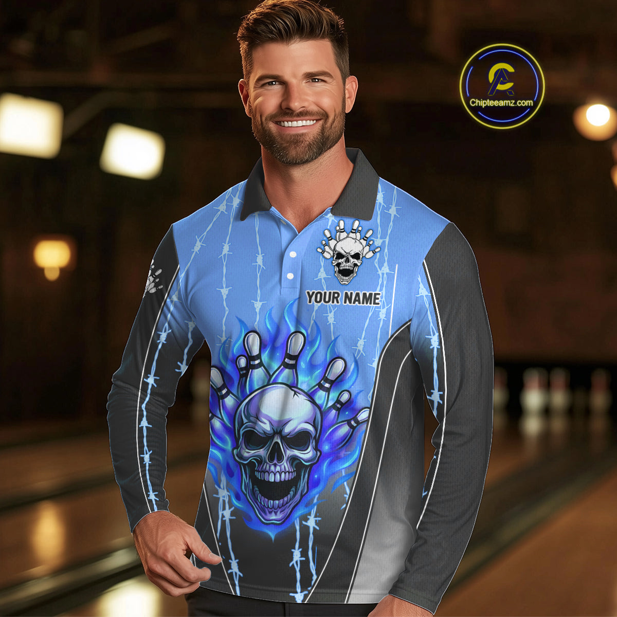 Black and blue flame skull Bowling Polo, 1/4 Zip Shirt for men Custom Team Bowling League Jersey NQS10205